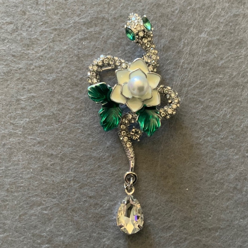 Silver Tone Snake Brooch Crystal Enamel Flower Serpent Dangle Pin Green White